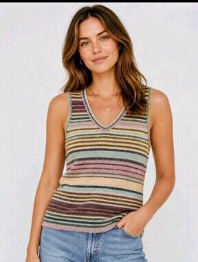 Vintage Villager Y2k Liz Claiborne Striped V-Neck Sweater Vest Tank Top Size L